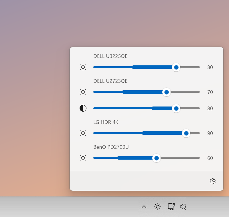 The same panel by day: the four monitors back up at 60 to 90 percent, with sun icons.