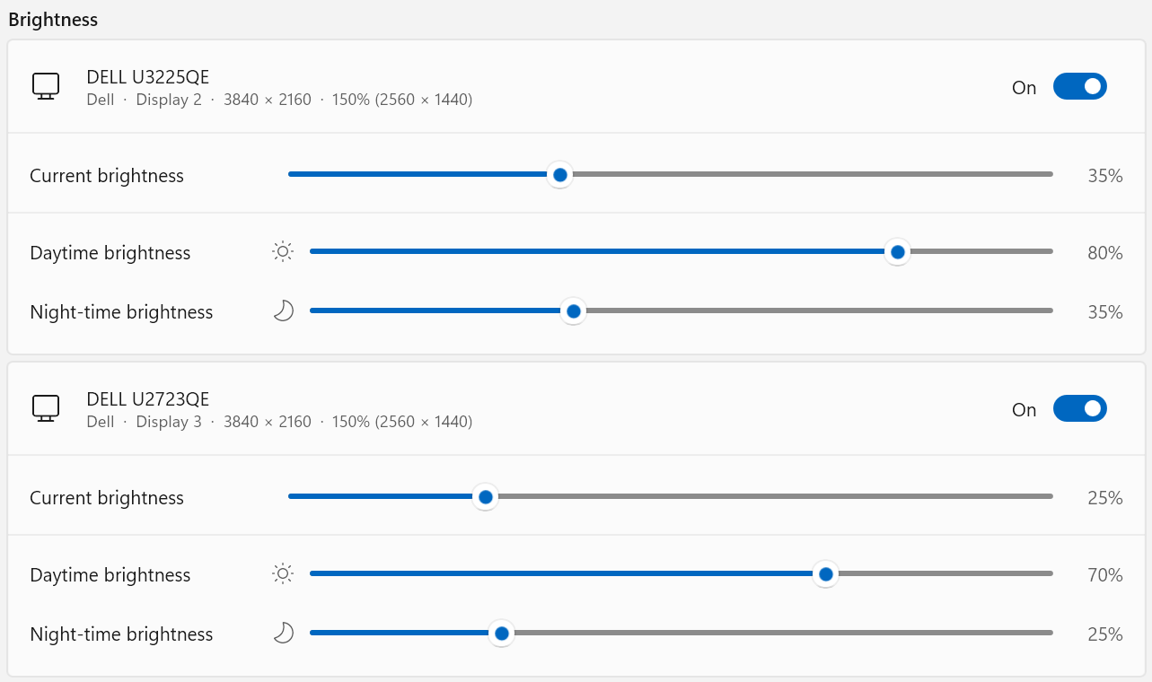 Brightness settings for two Dell monitors, each with its own current, daytime and night-time level.