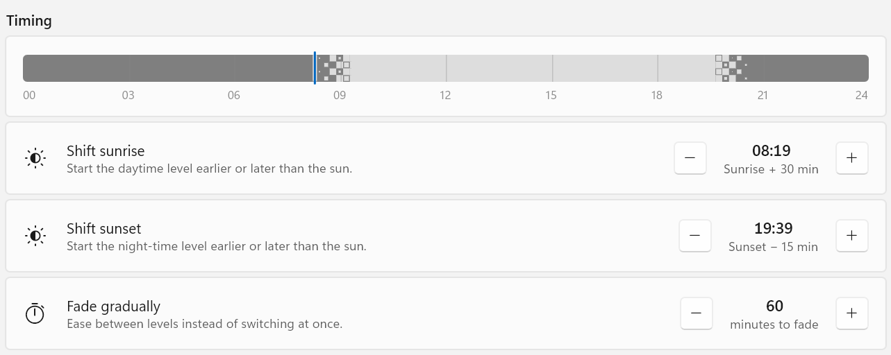 Timing settings: a 24-hour timeline with sunrise at 08:19 and sunset at 19:39, and a 60-minute fade.