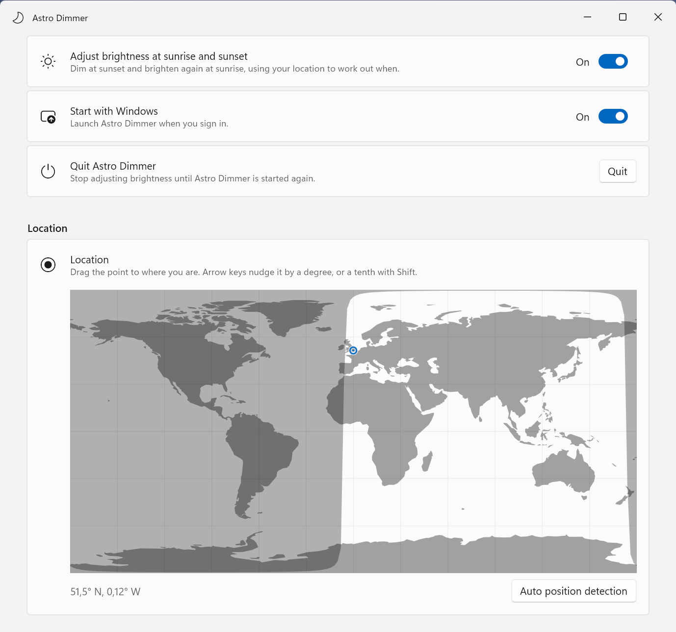 Astro Dimmer settings: switches for sunrise and sunset dimming and starting with Windows, above a world map with a pin placed on London.